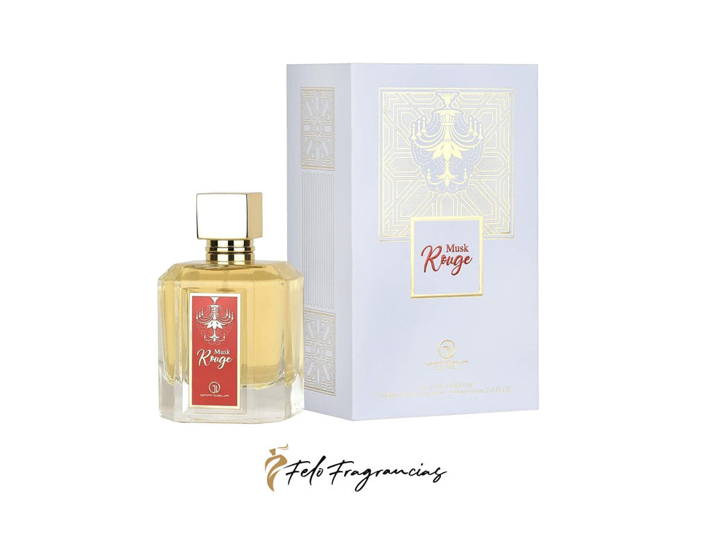 Musk Rouge 100ml eau de parfum: gold glass bottle with gold cap and boxed label