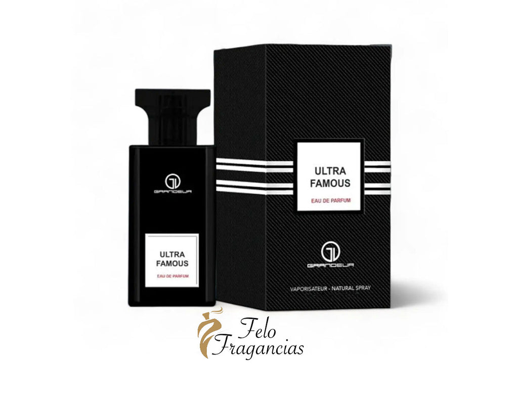 Eau de parfum Grandeur Ultra Famous con caja negra y frasco negro.