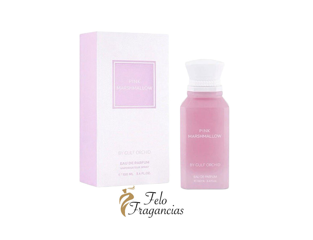 Perfume Eau de Parfum rosa en frasco cilíndrico con tapa blanca y caja