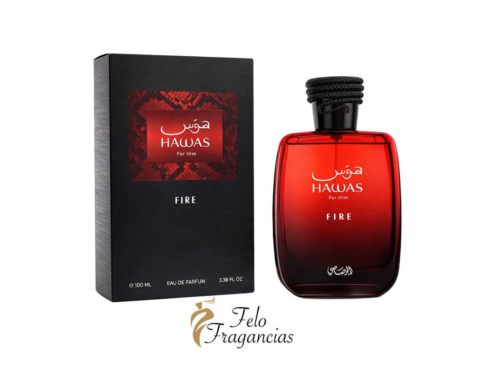 Juego de caja y frasco Hawas Fire: frasco rojo ámbar, tapa negra y etiqueta