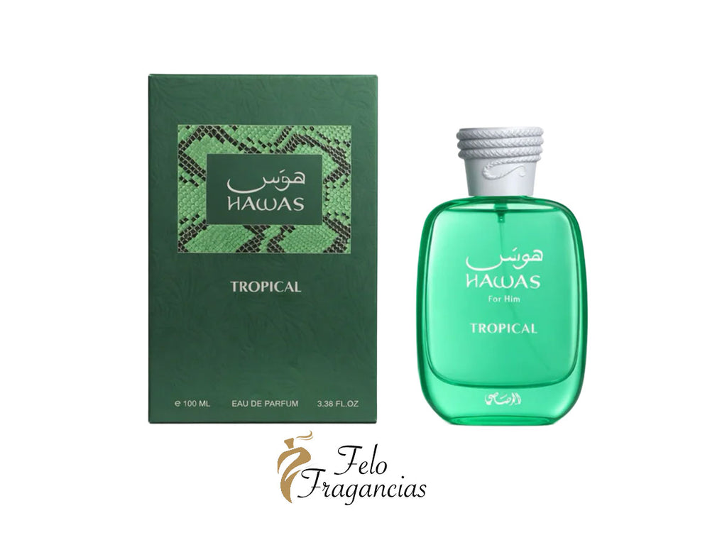 Hawas Tropical 100ml eau de parfum bottle with green glass and matching box