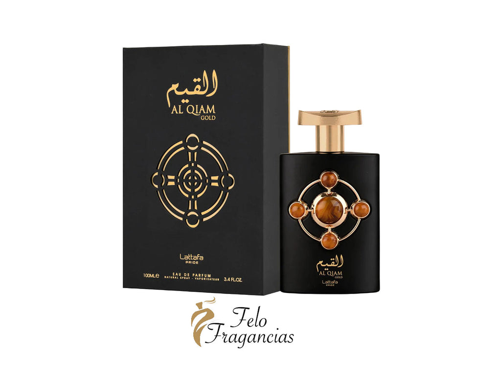 Black Al Qiam Gold Eau de Parfum bottle with gold cap and matching black box, 100ml
