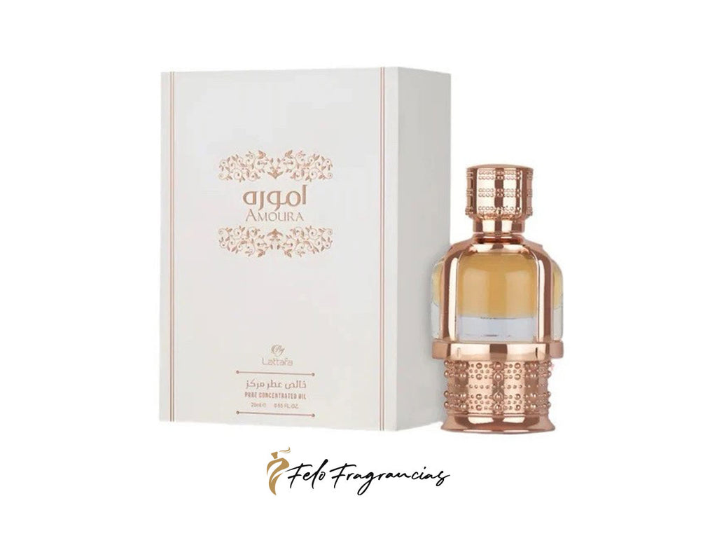 Concentrated oil perfume bottle, amber glass with ornate rose-gold cap, 20ml