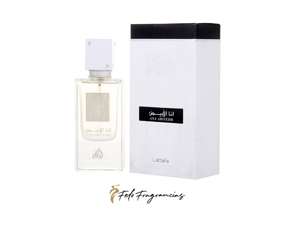 Lattafa Ana Abiyedh 100ml perfume bottle with matching box, clear glass and black cap