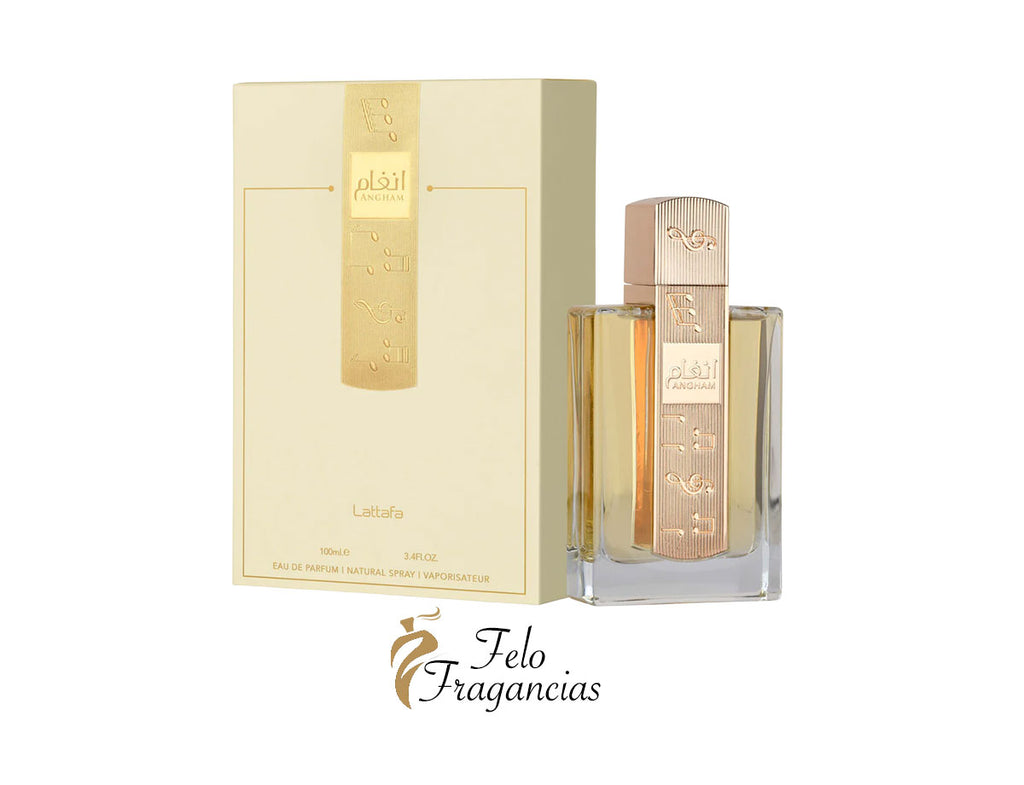 Angham Eau de Parfum 100ml spray bottle with gold-toned label and matching box