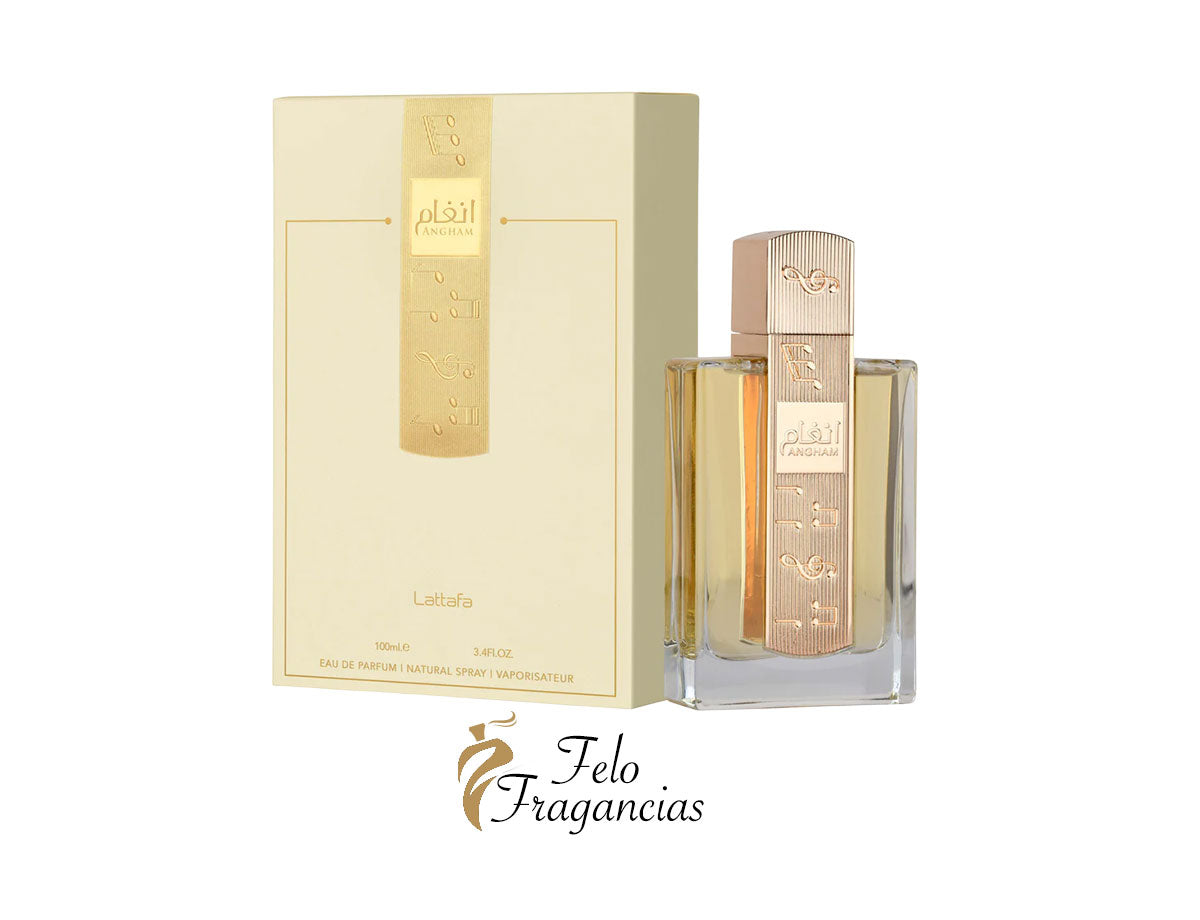 Angham Eau de Parfum 100ml spray bottle with gold-toned label and matching box