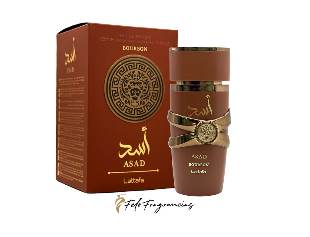Asad Bourbon Eau de Parfum 100ml: brown glass bottle with gold cap and ribbon, with box