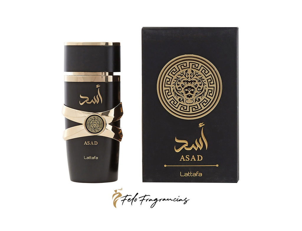 Asad eau de parfum 100ml: black bottle with gold accents and matching black box
