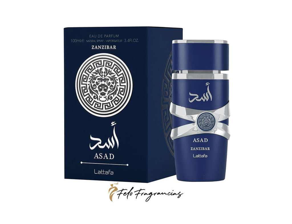 Asad Zanzibar Eau de Parfum 100ml: dark blue bottle with silver bands, boxed