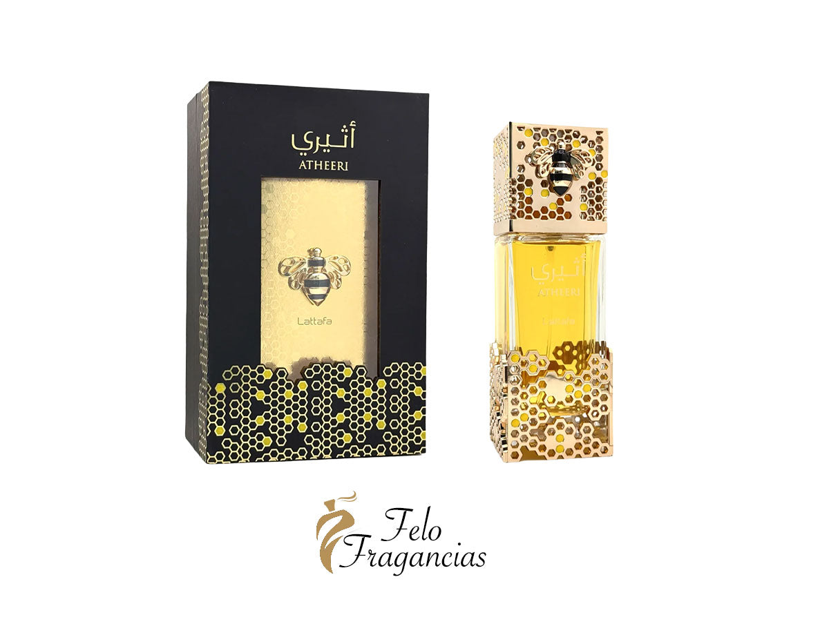Lattafa Atheeri eau de parfum 100ml, golden bottle with ornate cap and matching gift box