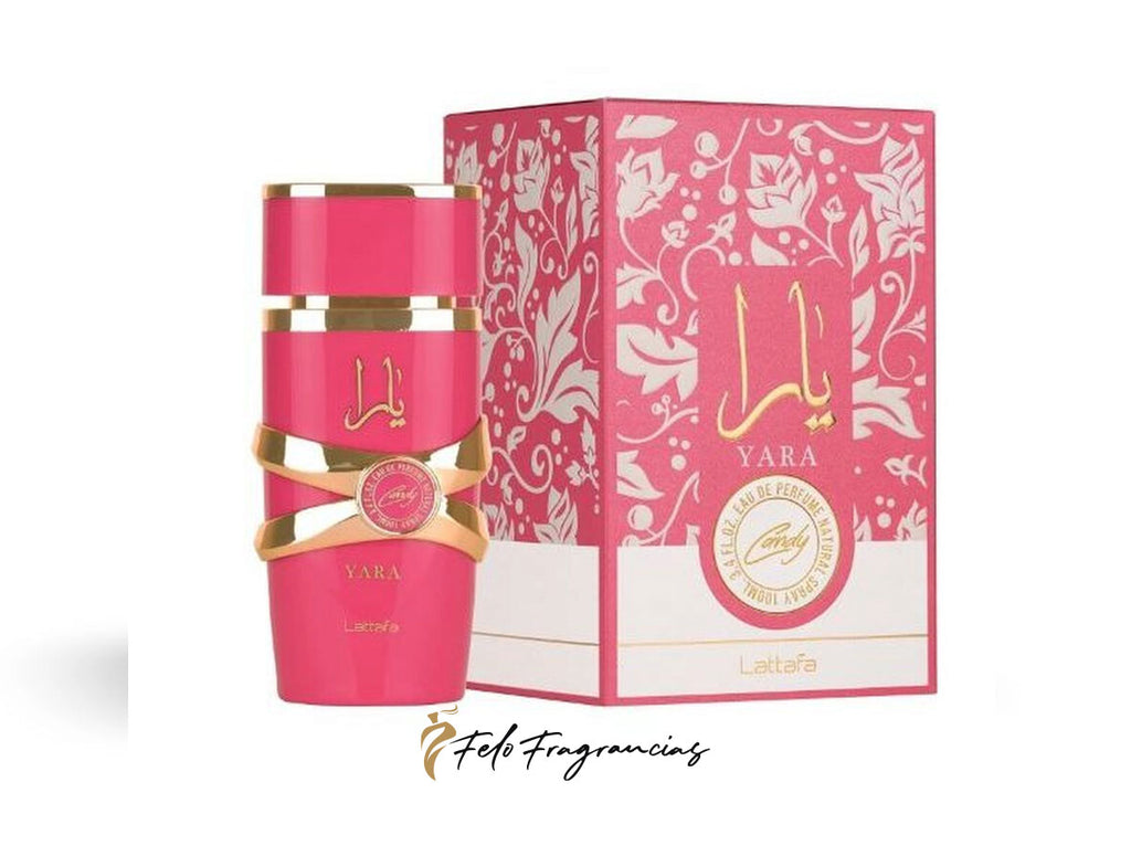 Yara Candy Eau de Parfum 100ml: pink bottle with gold cap, shown with matching box