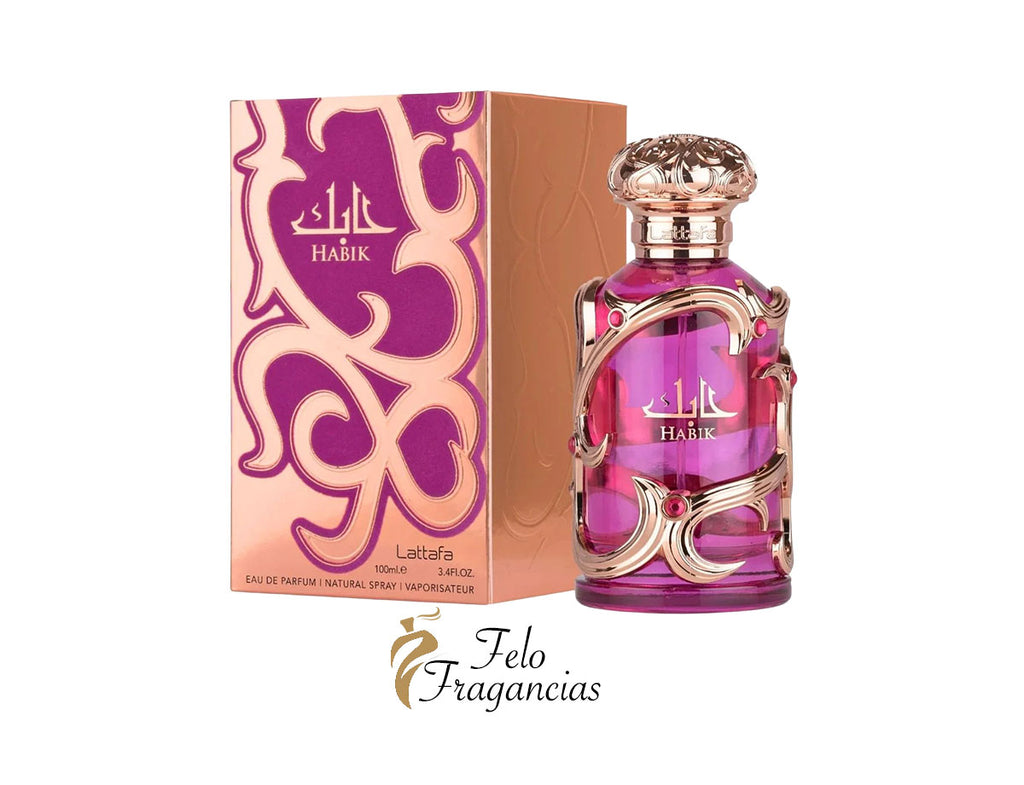 Habik women’s EDP 100ml: pink glass perfume bottle with gold cap and label