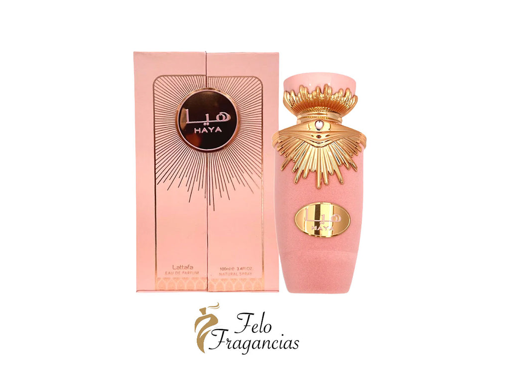 Lattafa Haya EDP 100ml: pink glass perfume bottle with gold crown cap and matching box
