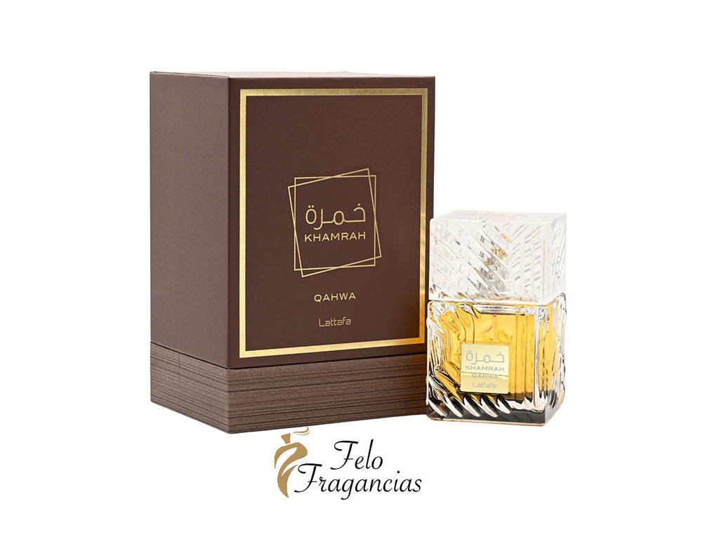 Khamrah Qahwa 100ml eau de parfum box and glass bottle with gold label