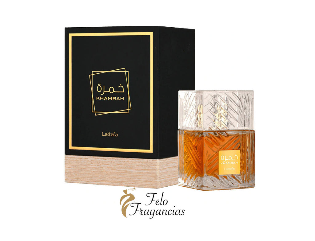 Lattafa Khamrah eau de parfum 100ml bottle with decorative box and gold label