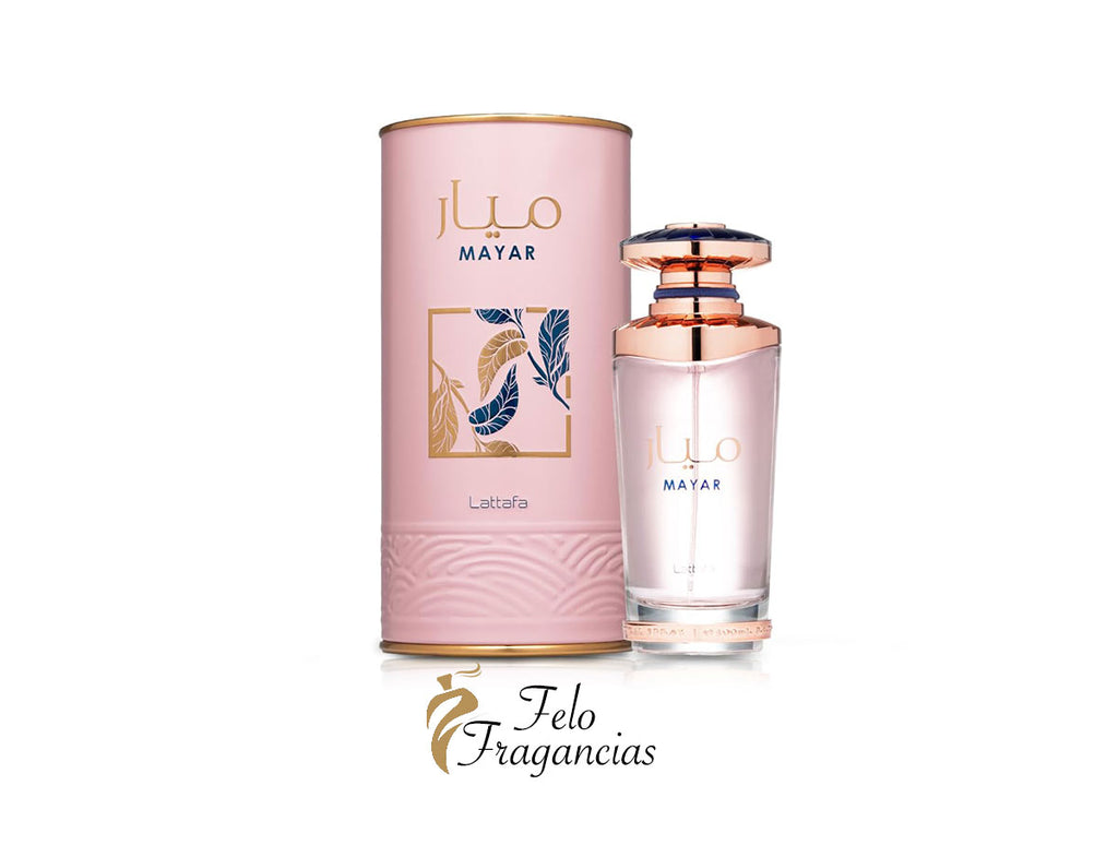 Lattafa Mayar eau de parfum bottle and pink box with gold cap