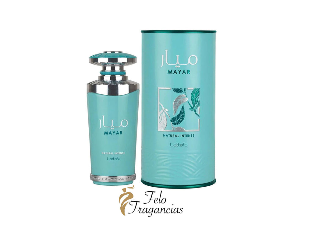 Mayar Natural Intense 100ml eau de parfum bottle with teal cap and matching box