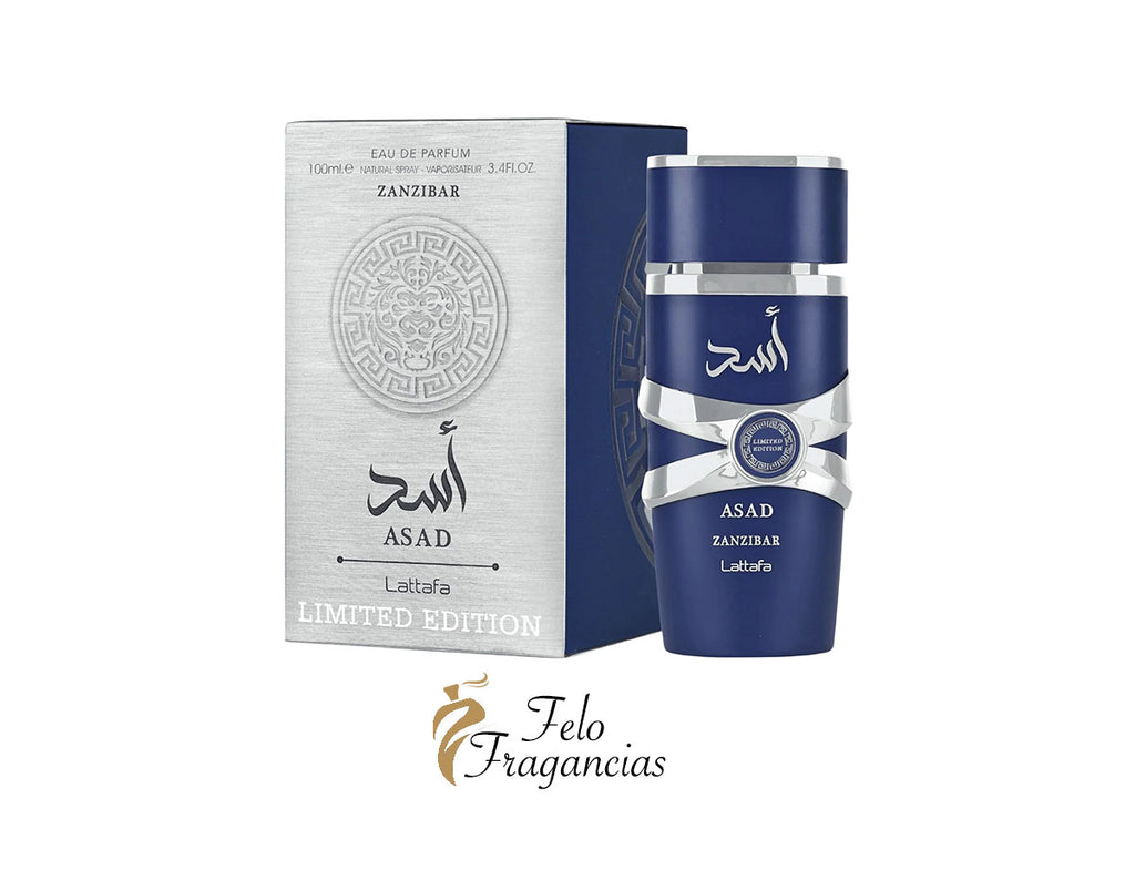 Asad Zanzibar limited edition eau de parfum 100ml with dark blue bottle and silver label