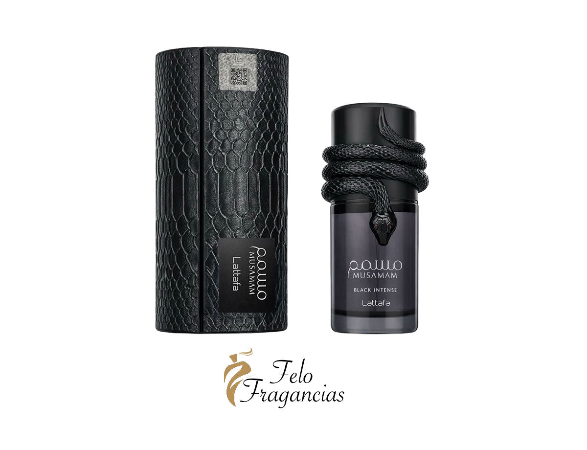Black Intense eau de parfum set: dark glass bottle with ribbon, plus matching box