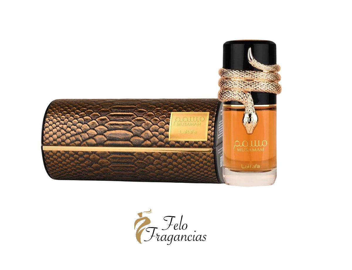 Amber perfume bottle with black cap and gold ribbon, Musamam eau de parfum 100ml