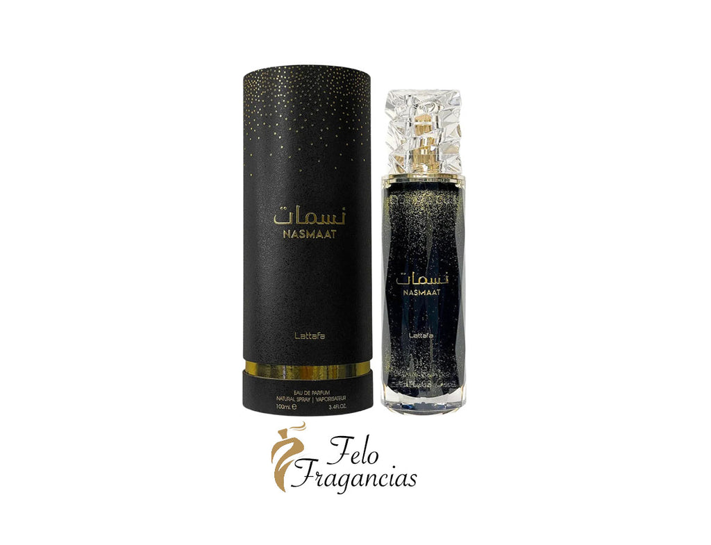 Perfume Lattafa Nasmaat Eau de Parfum: frasco negro con tapa dorada, 100 ml