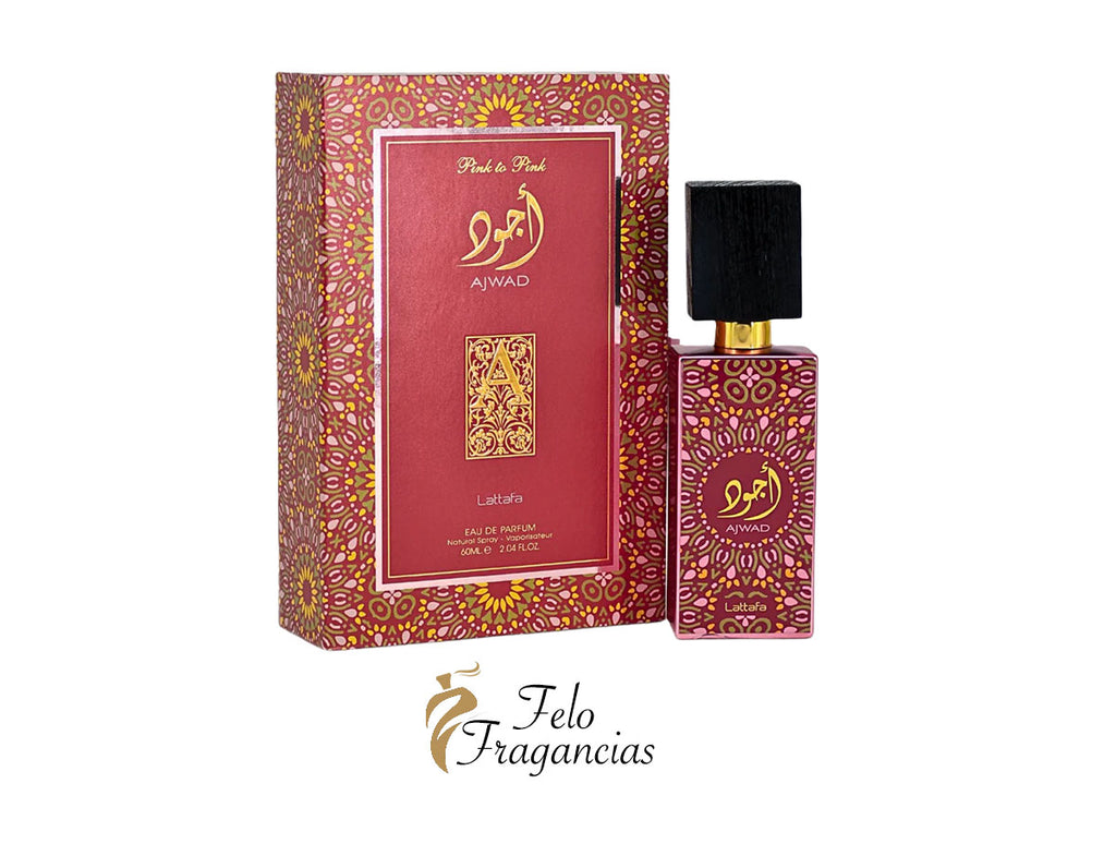 Pink Ajwad eau de parfum 100ml bottle with matching patterned box