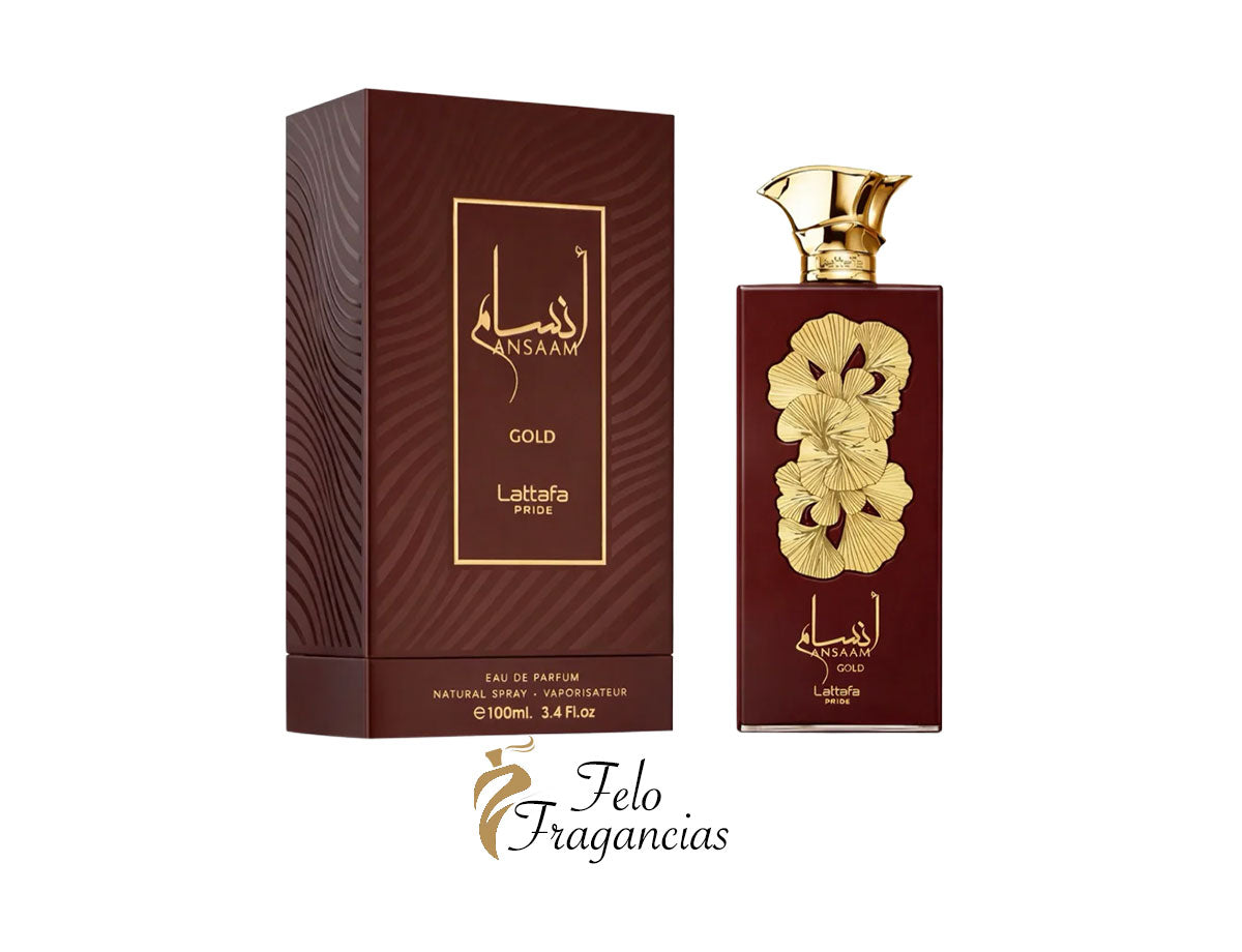 Lattafa Pride Ansaam Gold 100ml eau de parfum bottle with matching gift box