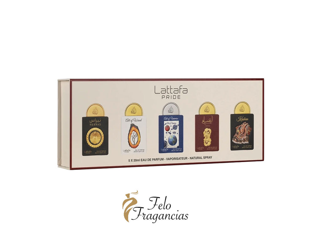 Lattafa Pride No.3 5-pack 20ml eau de parfum miniature gift set, boxed.