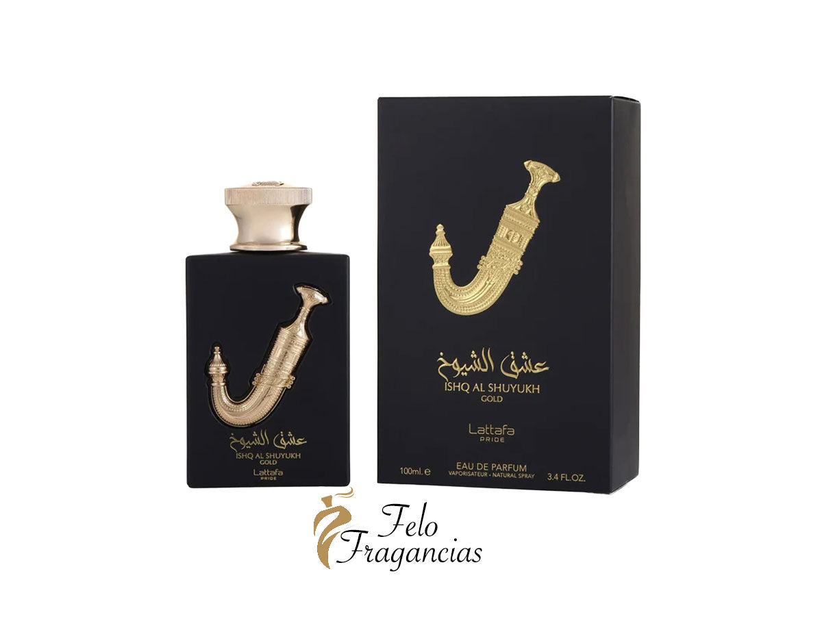Eau de Parfum Lattafa Pride Ishq Al Shuyukh Gold: frasco y caja negra con detalles dorados