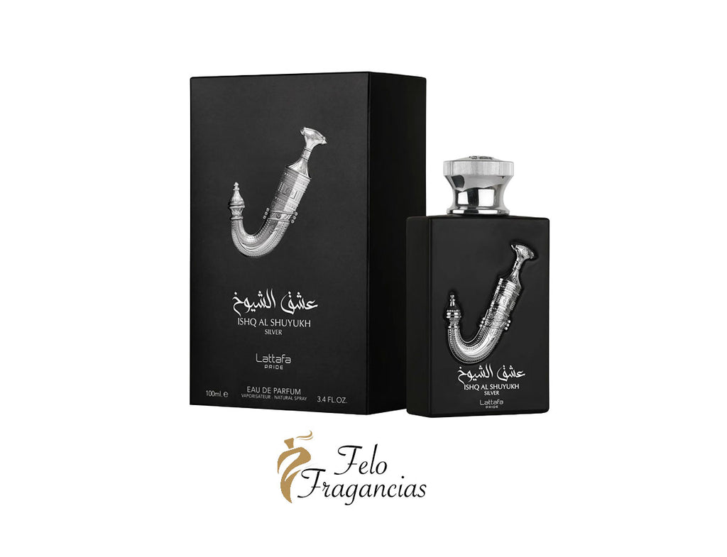 Ishq Al Shuyukh Silver Eau de Parfum 100ml, black bottle with silver cap and box