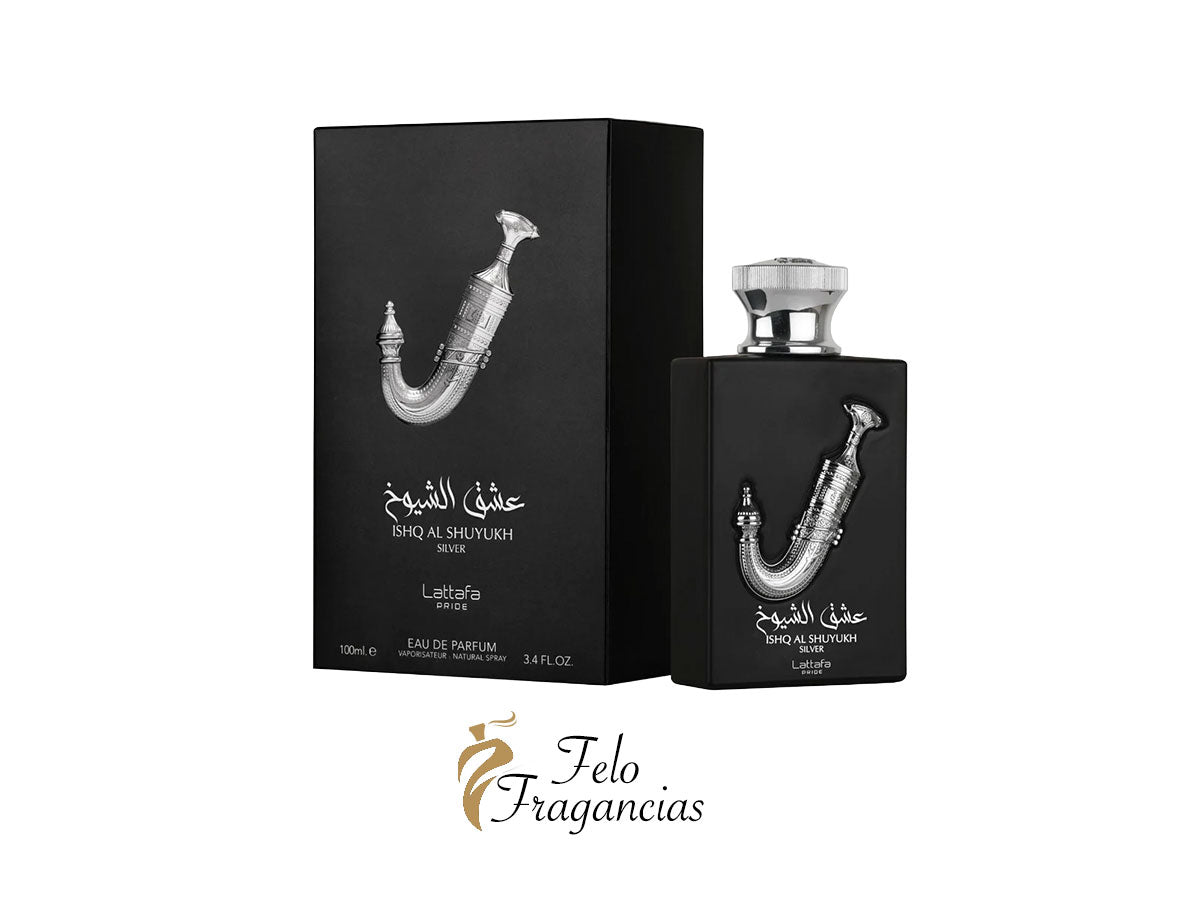 Ishq Al Shuyukh Silver Eau de Parfum 100ml, black bottle with silver cap and box