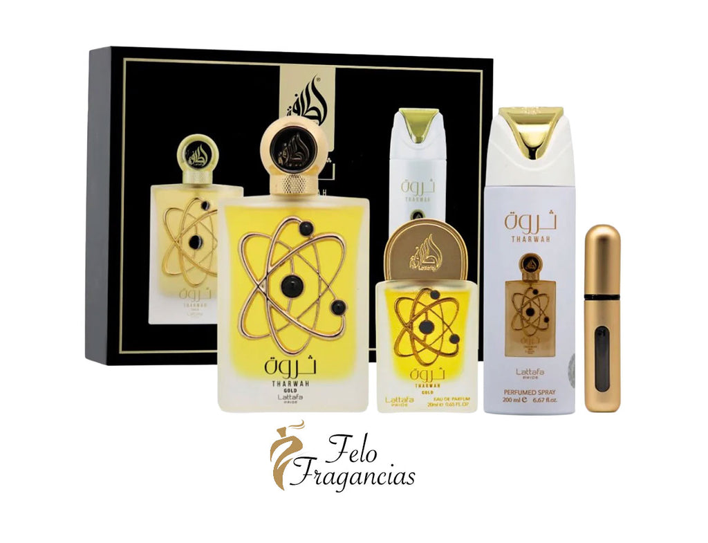 3-piece Tharwah gold perfume gift set with spray bottle and boxed set, gold-yellow accents