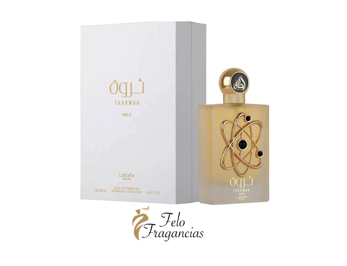 Tharwah Gold eau de parfum 100 ml bottle with gold cap and matching box