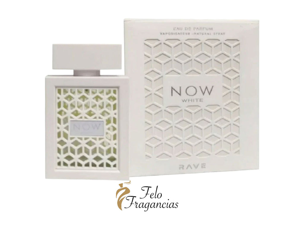 Lattafa Rave Now White eau de parfum bottle with matching box, white geometric design