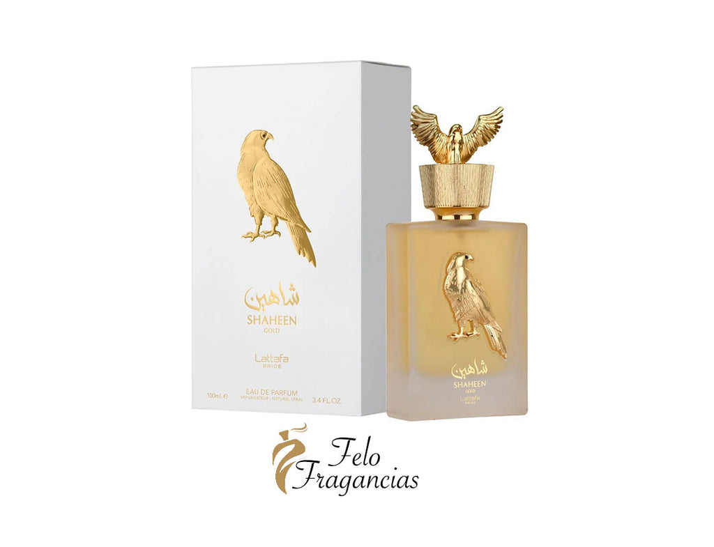 Shaheen Gold 100ml eau de parfum bottle with matching box, gold-brown glass