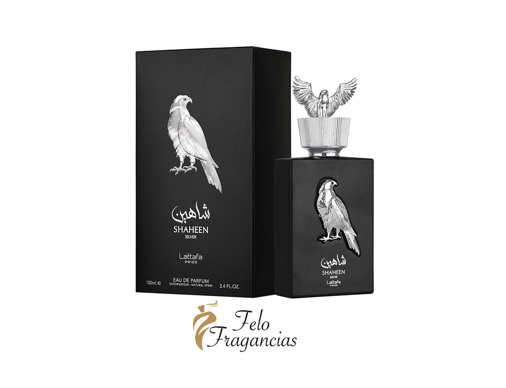 Shaheen Silver men eau de parfum 100ml box and bottle with silver bird logo