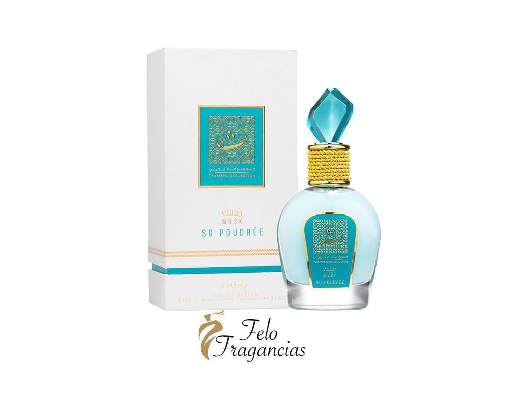 So Poudré eau de parfum bottle: light blue glass, teal cap, gold rope collar