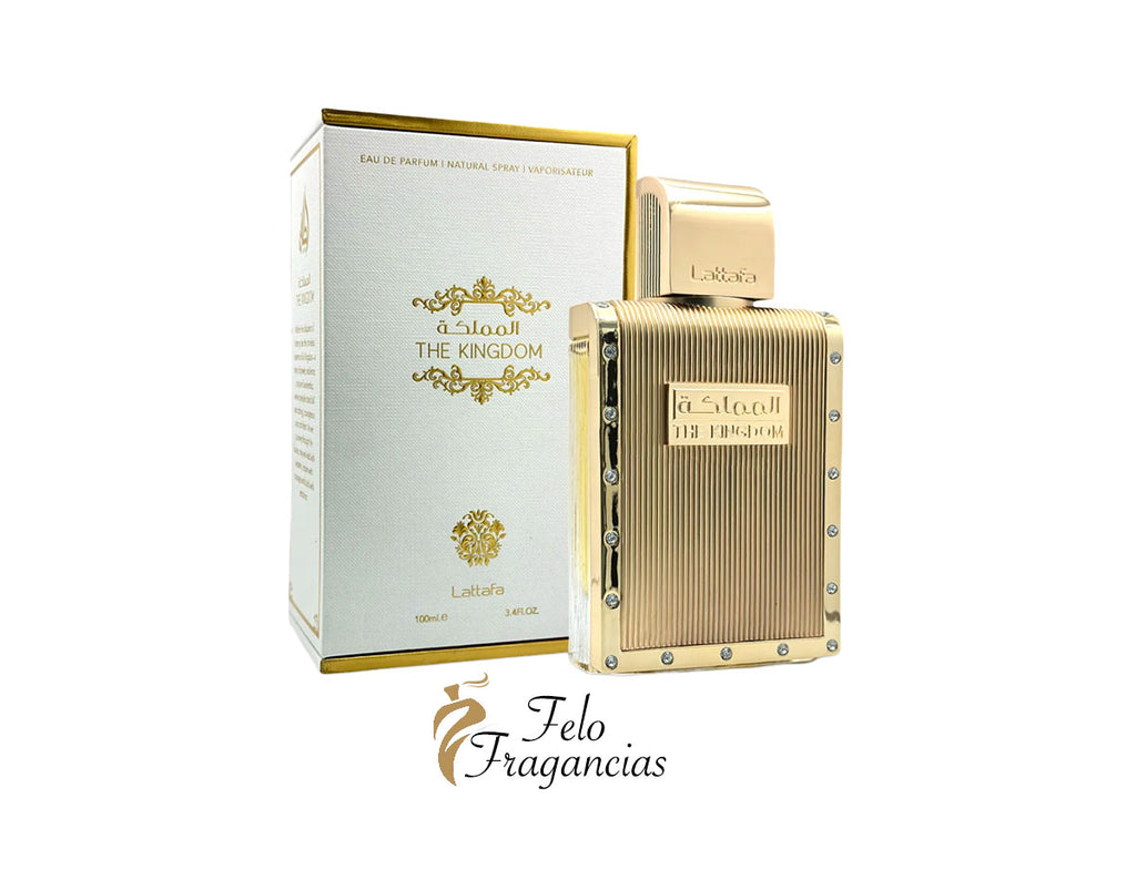 Botella dorada y caja blanca de Lattafa The Kingdom Eau de Parfum 100 ml