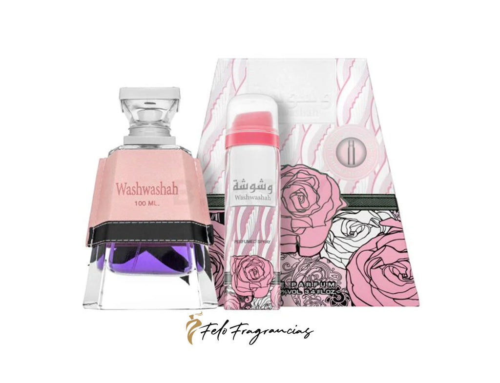 Washwashah gift set with 100ml perfume bottle, 50ml deodorant spray, and gift box
