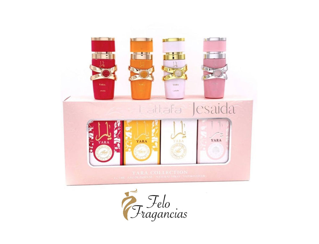 Yara mini perfume gift set, four 5ml bottles in box with four colored caps