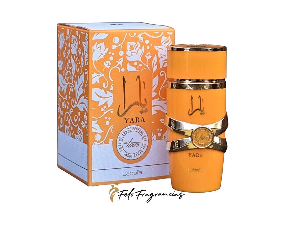 Yara Tous Eau de Parfum 100ml: orange bottle with gold cap and box