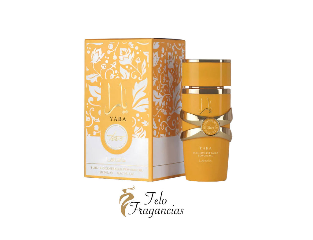 Amber perfume oil bottle with gold cap and Yara Tous box