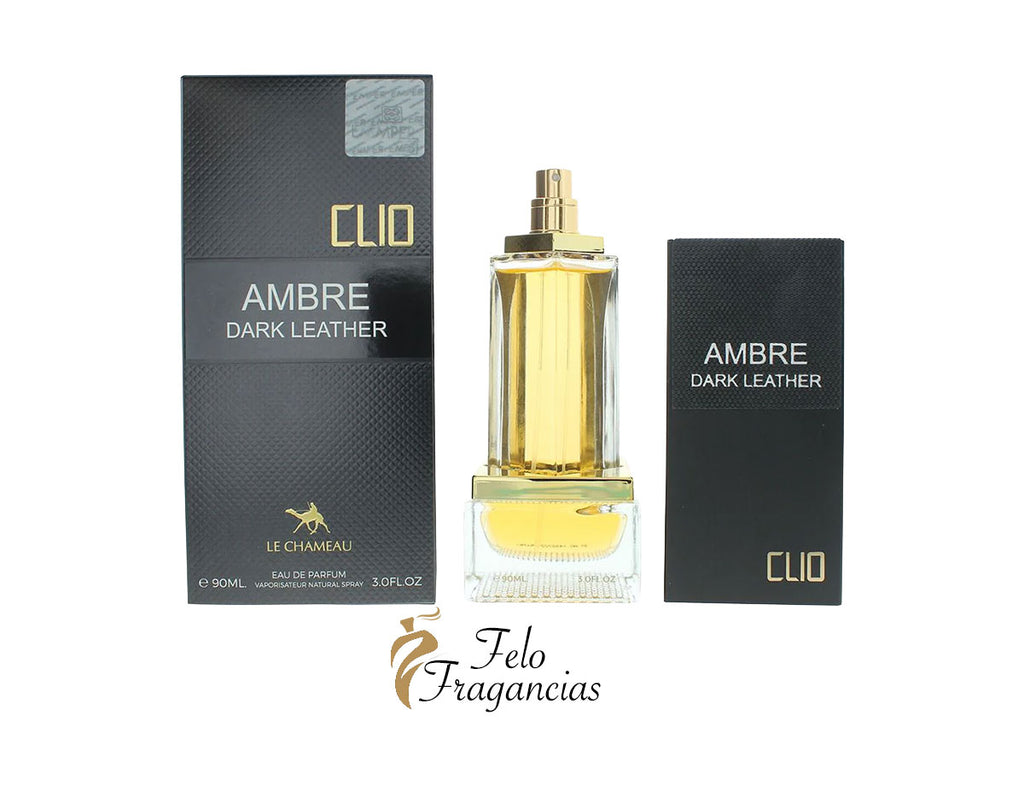 Clio Ambre Dark Leather eau de parfum: gold bottle with dark leather-style box (90ml)