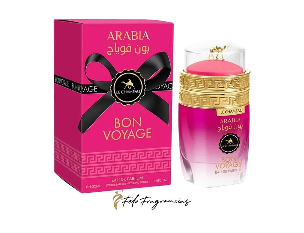 Arabia Bon Voyage 100ml eau de parfum box and bottle, pink glass with gold cap