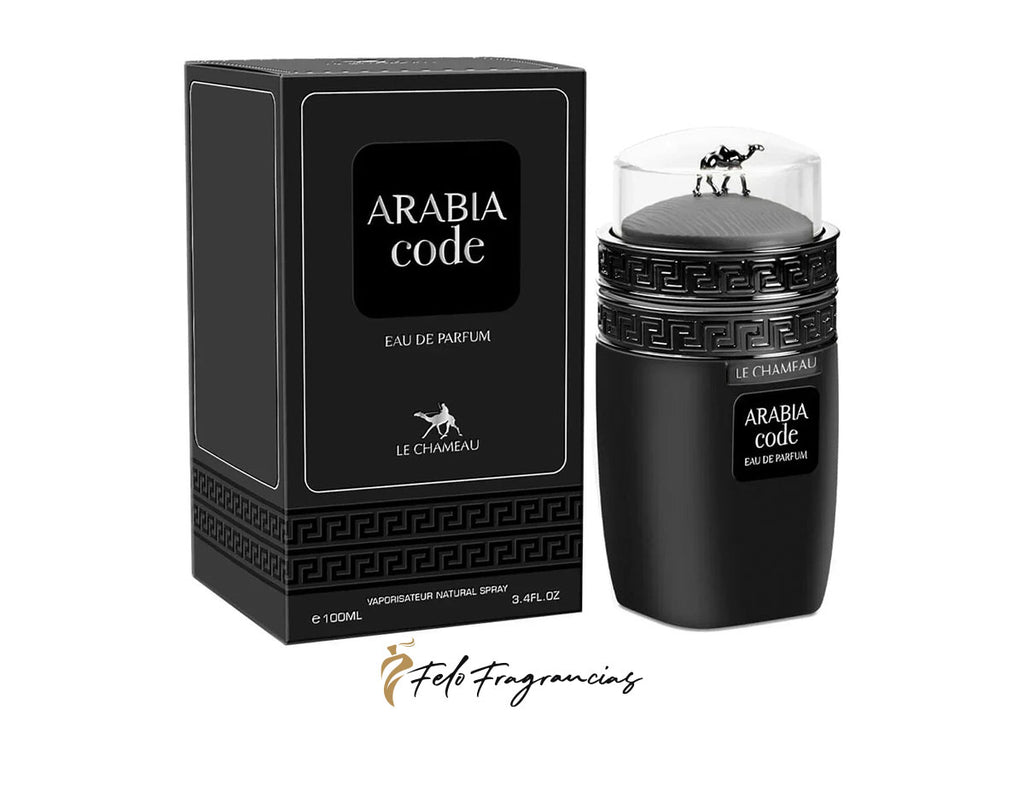 Arabia Code Eau de Parfum 100ml: black glass spray bottle with matching box