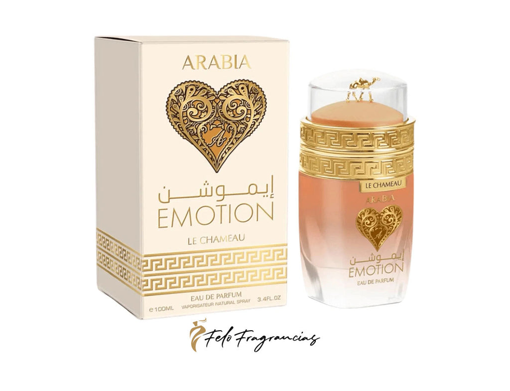 Arabia Emotion eau de parfum spray bottle and box, 100ml, gold heart design