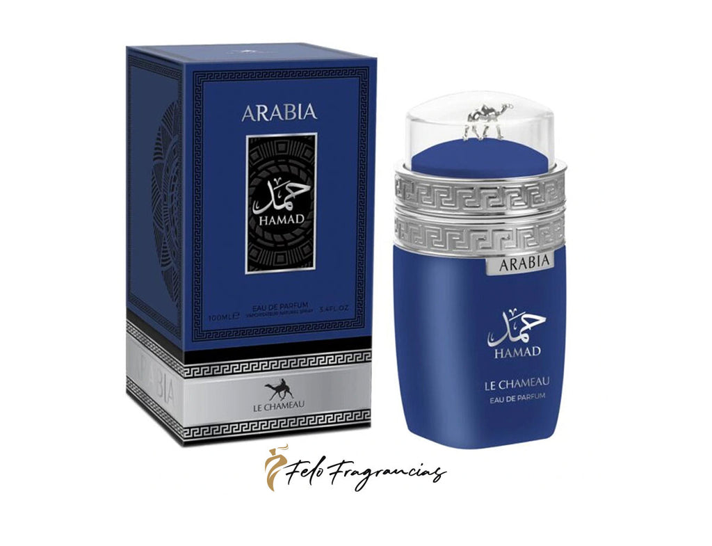 Arabia Hamad eau de parfum 100ml bottle and box, blue label and cap