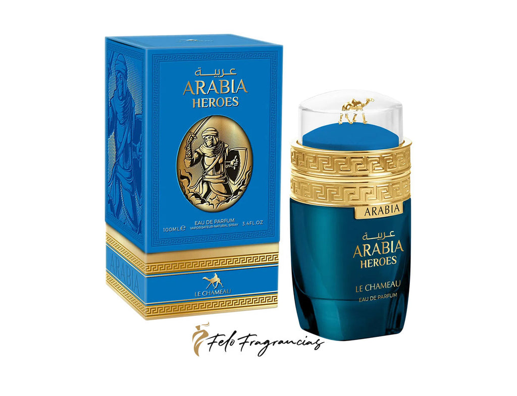 Arabia Heroes EDP 100ml, blue bottle with gold cap, matching box