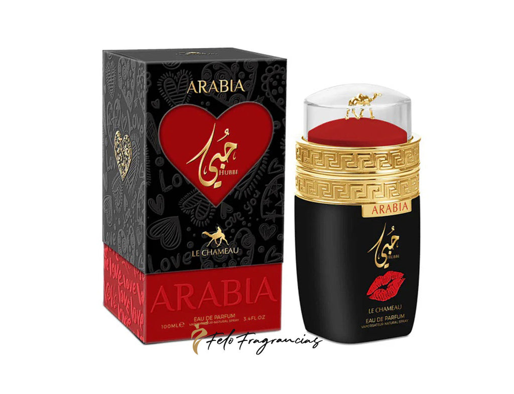 Arabia Hubbi eau de parfum 100 ml set: black box with red heart and gold-capped bottle