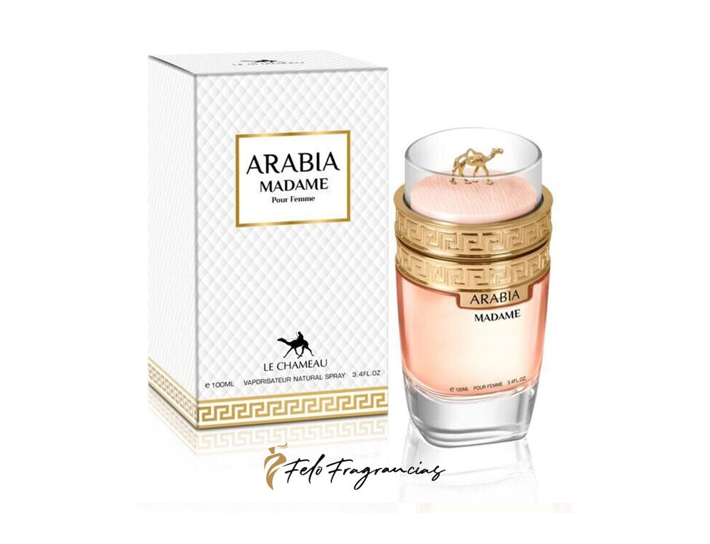 Perfume Eau de Parfum Arabia Madame: frasco con tapa dorada y tapón rosa